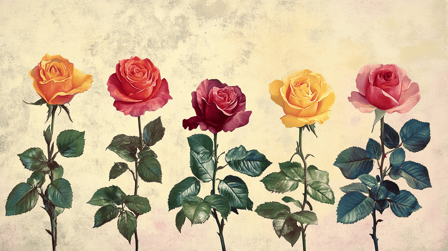 historical drawing for 5 roses of various colors
