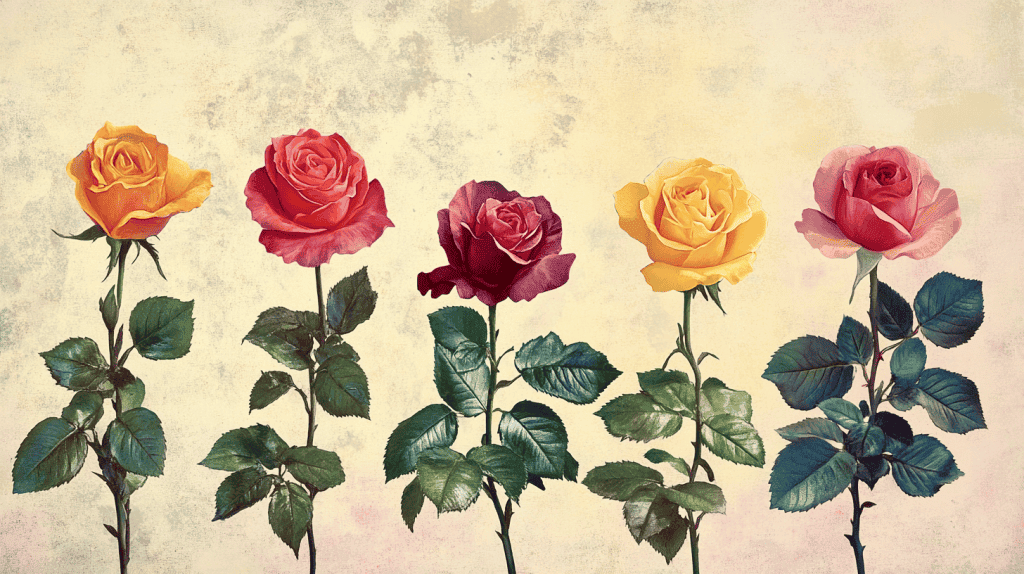 historical drawing for 5 roses of various colors