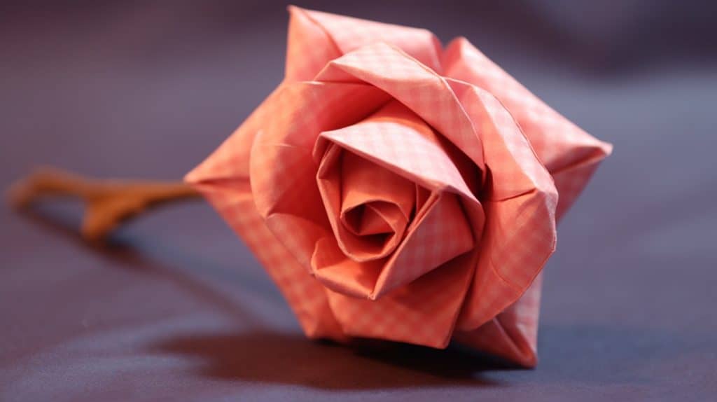 How to fold an origami rose. Close up photo of a pink rose made of folded paper. Main picture for Roses Art & Craft