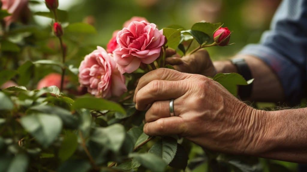 How to prune a rose. Close up photo of two hands pruning a rose.