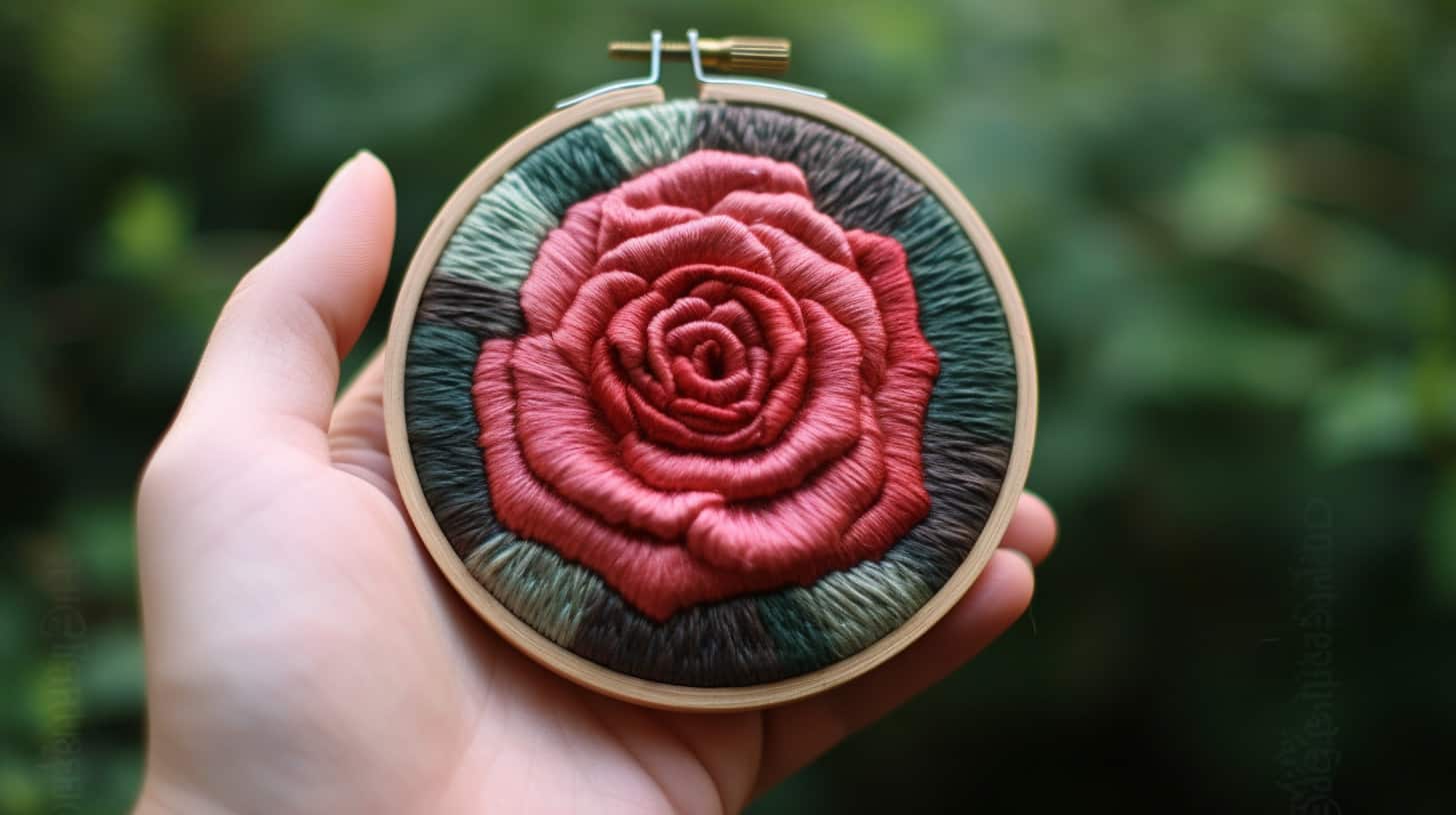 hand holding a blue and red rose embroidery